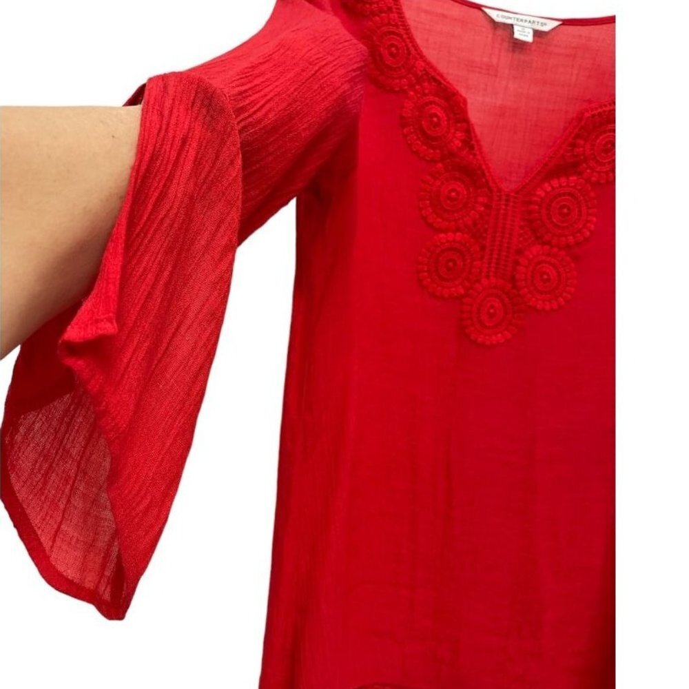Counterparts Women Red Handkerchief Blouse Top 3/4 Sleeve Knit Lace Details Sz M - Picture 5 of 16